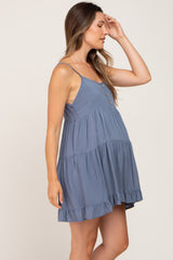 Blue Button Accent Tiered Maternity Mini Dress