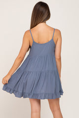 Blue Button Accent Tiered Maternity Mini Dress