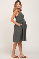 Olive Button Front Maternity Midi Dress