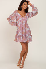 Pink Floral Ruffle Hem Long Sleeve Dress