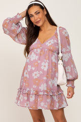 Pink Floral Ruffle Hem Long Sleeve Maternity Dress