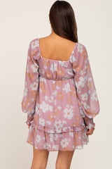 Pink Floral Ruffle Hem Long Sleeve Maternity Dress