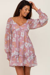 Pink Floral Ruffle Hem Long Sleeve Maternity Dress