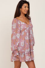 Pink Floral Ruffle Hem Long Sleeve Dress