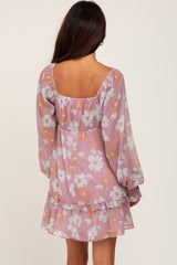 Pink Floral Ruffle Hem Long Sleeve Dress