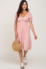 Mauve Gingham V-Neck Midi Dress