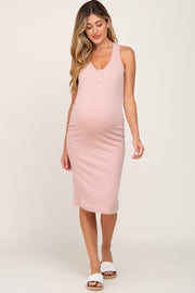 Peach Ribbed Sleeveless Fitted Maternity Dress