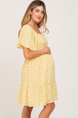 Yellow Floral Print Smocked Maternity Dress