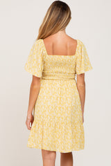 Yellow Floral Print Smocked Maternity Dress