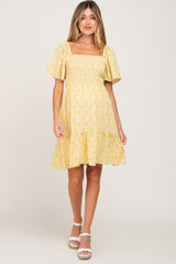 Yellow Floral Print Smocked Maternity Dress