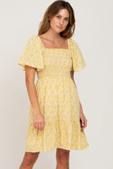 Yellow Floral Print Smocked Dress