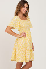 Yellow Floral Print Smocked Dress