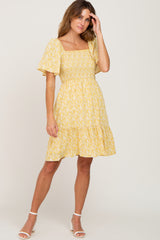 Yellow Floral Print Smocked Dress