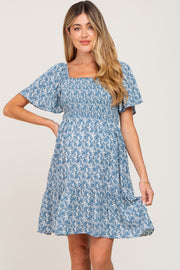 Blue Floral Print Smocked Maternity Dress