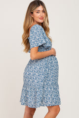 Blue Floral Print Smocked Maternity Dress