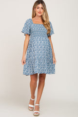 Blue Floral Print Smocked Maternity Dress