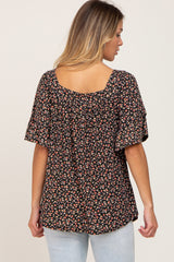 Black Floral Square Neck Top