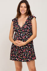 Black Floral Shoulder Ruffle Maternity Dress