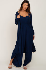 Navy Blue Ribbed Tulip Hem Jumpsuit Set