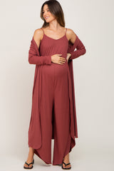 Rust Ribbed Maternity Tulip Hem Jumpsuit Set