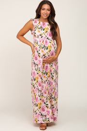 Cream Floral Ruffle Accent Maternity Maxi Dress