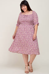 Lavender Floral Smocked Front Tie Plus Dress