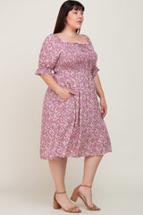 Lavender Floral Smocked Front Tie Plus Dress