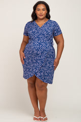 Navy Blue Floral Wrap Front Short Sleeve Maternity Plus Dress