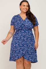 Navy Blue Floral Wrap Front Short Sleeve Maternity Plus Dress