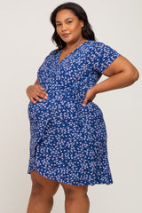 Navy Blue Floral Wrap Front Short Sleeve Maternity Plus Dress