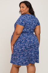 Navy Blue Floral Wrap Front Short Sleeve Maternity Plus Dress