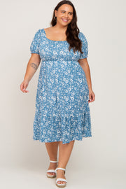 Blue Floral Ruffle Hem Plus Midi Dress