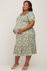 Sage Floral Ruffle Hem Plus Maternity Midi Dress