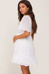 White Swiss Dot Chiffon Smocked Short Sleeve Maternity Dress