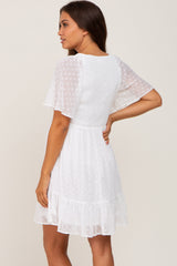 White Swiss Dot Chiffon Smocked Short Sleeve Maternity Dress