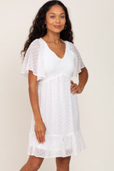 White Swiss Dot Chiffon Smocked Short Sleeve Maternity Dress