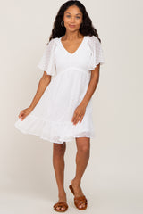 White Swiss Dot Chiffon Smocked Short Sleeve Dress