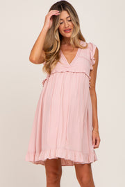 Light Pink Crochet Trim V-Neck Maternity Dress