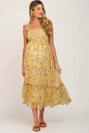 Yellow Floral Smocked Maternity Maxi Dress