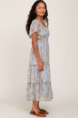 Light Blue Floral Chiffon Tiered Midi Dress