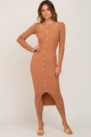 Camel Ribbed Button Accent Long Sleeve Dress