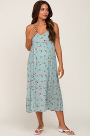 Light Blue Floral Sleeveless Maternity Maxi Dress