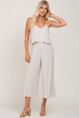 Beige Ribbed Double Layer Cropped Maternity Jumpsuit