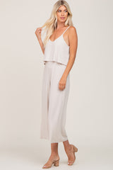 Beige Ribbed Double Layer Cropped Jumpsuit