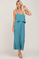 Teal Ribbed Double Layer Cropped Maternity Jumpsuit