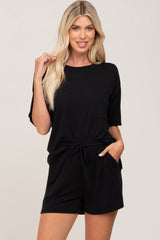 Black Pocket Front Pajama Short Set