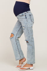 Light Blue Acid Wash Open Knee Maternity Straight Leg Jeans