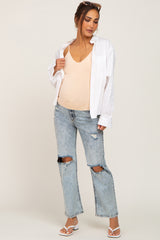 Light Blue Acid Wash Open Knee Maternity Straight Leg Jeans