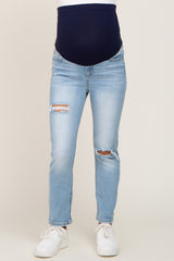 Light Blue Open Knee Maternity Skinny Jeans