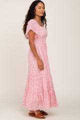 Pink Floral Smocked Tiered Maxi Dress